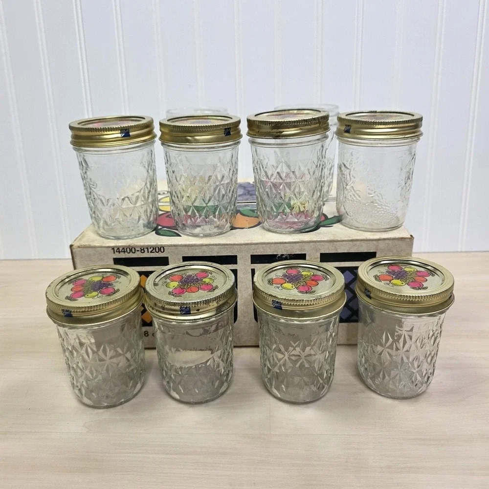 10 Ball Quilted Crystal Jelly Jars Tall w/ Grapes & Fruit Lids 4